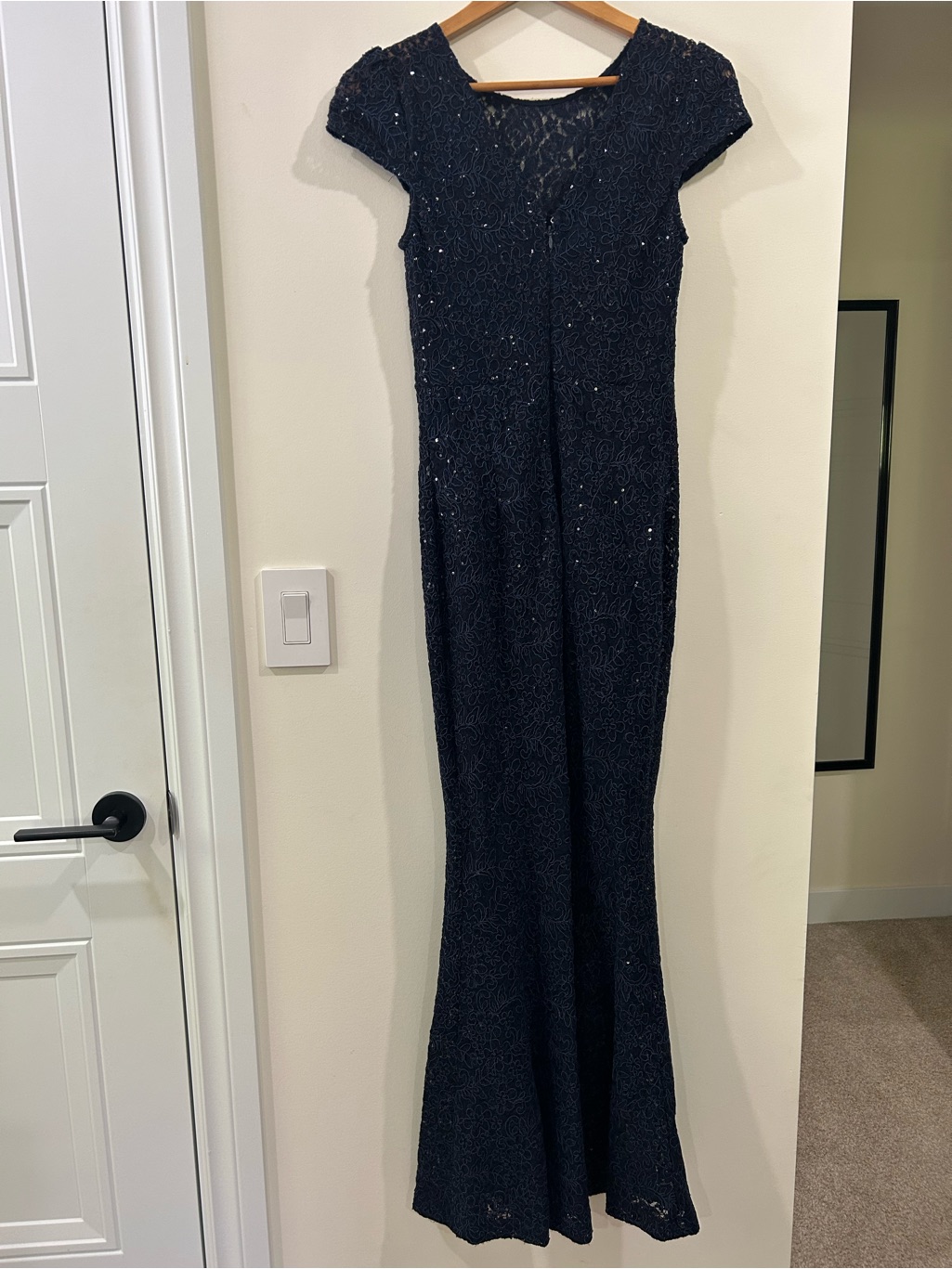 Le Chateau Navy Sequin Lace Cap-Sleeve Evening Gown